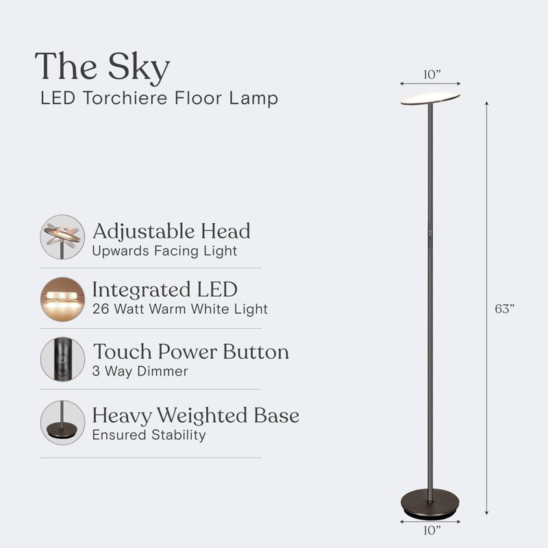 Brightech Sky LED Floor lamp, Torchiere Super Bright Floor Lamp for Living Room Decor & Office - Dimmable, Tall Standing Lamp with Warm Light for Bedroom & Reading - Bronze - Image 3